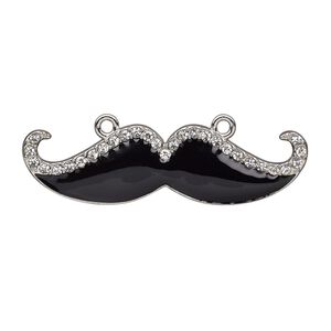 Focal, enamel / glass rhinestone / silver-finished "pewter" (zinc-based alloy), black and clear, 50x14mm single-sided mustache. Sold individually.