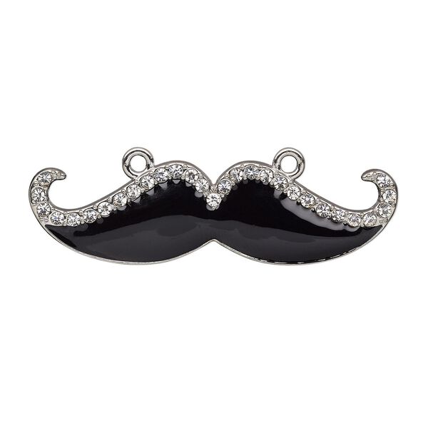 Focal, enamel / glass rhinestone / silver-finished "pewter" (zinc-based alloy), black and clear, 50x14mm single-sided mustache. Sold individually. image number 0