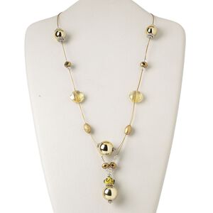 Necklace, silver- and gold-coated plastic / glass / silver- and gold-finished steel / acrylic, clear / yellow / metallic gold, 20mm round, 19 inches with 2-inch extender chain and lobster claw clasp. Sold individually.