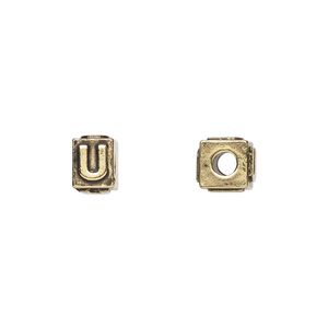 Bead, antique gold-plated pewter (tin-based alloy), 8x6mm rectangle with alphabet letter "U." Sold per pkg of 4.