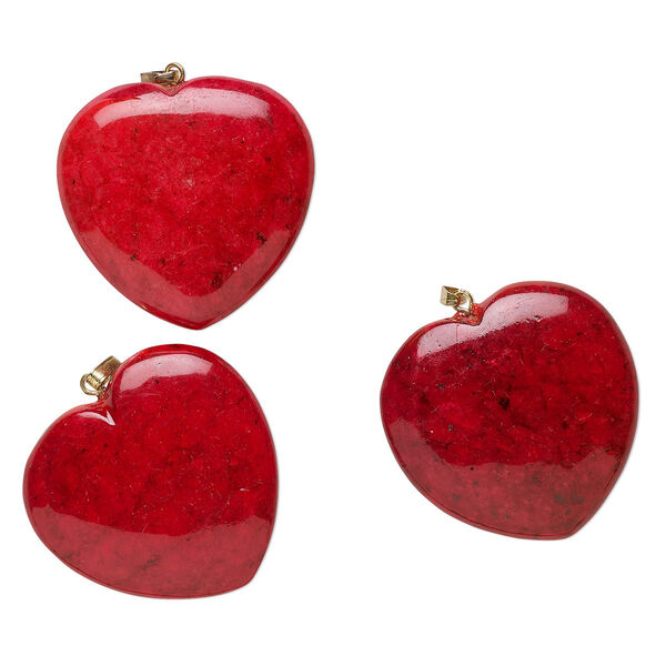 Pendant, Everyday Jewelry, riverstone (dyed) and gold-finished brass, red, 34-36mm heart. Sold per pkg of 3. image number 0