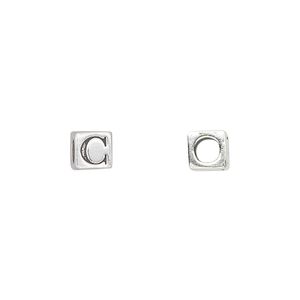 Bead, sterling silver, 5.5mm cube with alphabet letter "C." Sold individually.