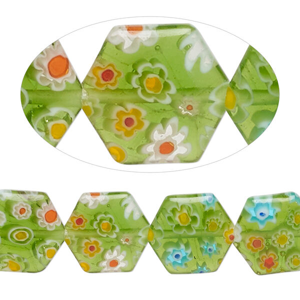 Bead, millefiori glass, translucent green and multicolored, 12-13mm puffed hexagon with flower design. Sold per 14-inch strand. image number 0