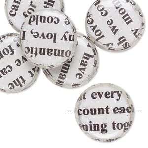 Bead, wood / newspaper / acrylic, white and black, 18mm double-sided flat round with phrase in English. Sold per pkg of 8.