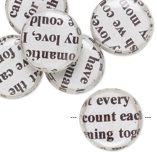 Bead, wood / newspaper / acrylic, white and black, 18mm double-sided flat round with phrase in English. Sold per pkg of 8. image number 0