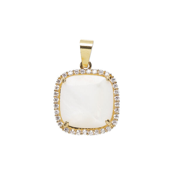 Pendant, glass rhinestone / mother-of-pearl shell / gold-finished brass, clear and white, 17mm single-sided square. Sold individually. image number 0
