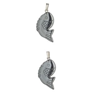 Hemalyke™ / "pewter" (zinc-based alloy) 1pkg2, silver-finished 1-sided carved fish pendant 24x18mm