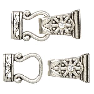 Clasp magnetic fold-over 1pkg2 "pewter" (zinc alloy), 29x13mm, antique silver-finished / clear rhinestone 2-strand
