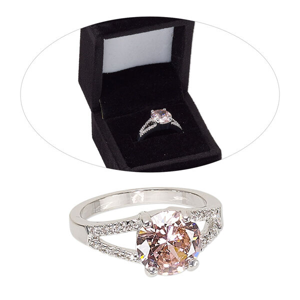 Ring, cubic zirconia and rhodium-finished brass, pink and clear, 9mm wide with solitaire, size 8. Sold individually. image number 0