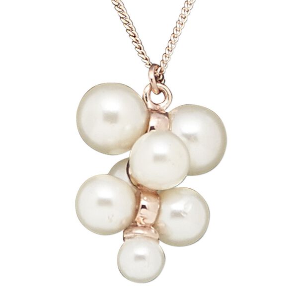 Necklace, plastic pearl / rose gold-coated plastic / rose gold-finished brass / "pewter" (zinc-based alloy), white, 32x25mm, 22 inches with 2-inch extender chain and lobster claw clasp. Sold individually. image number 0