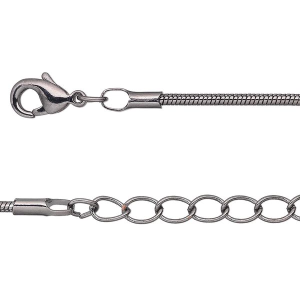 Chain, gunmetal-plated brass, 1.5mm snake, 18 inches with 1-inch extender chain and lobster claw clasp. Sold per pkg of 4. image number 0
