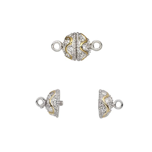 Clasp, twist-in, crystal rhinestone with rhodium- and gold-plated brass, clear, 8.5mm textured round with wave design. Sold individually. image number 0