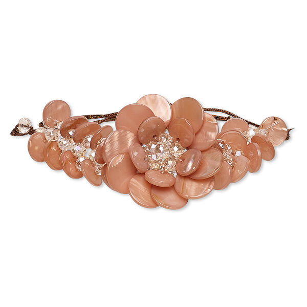 Bracelet, freshwater pearl shell (dyed) / felt / glass / waxed cotton cord, peach / brown / white, 45mm flower, adjustable from 6-1/2 to 8-1/2 inches with macramé knot closure. Sold individually. image number 0