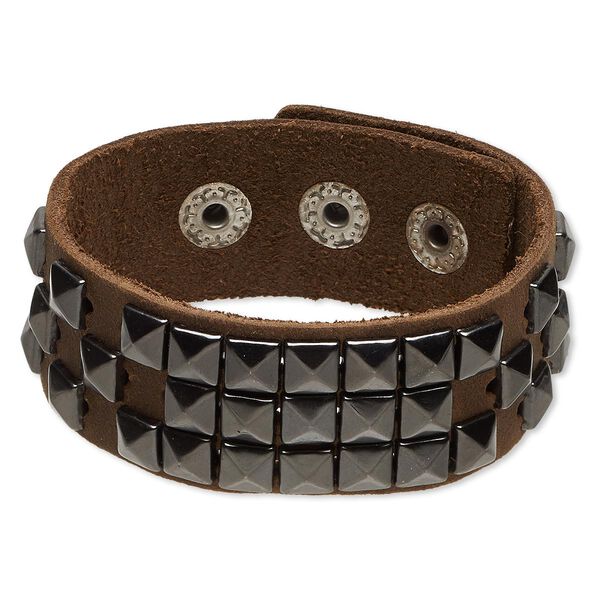 Bracelet, leather (dyed) / gunmetal-finished "pewter" (zinc-based alloy) / steel, light brown, 25mm wide with square studs, adjustable from 6-7 inches with snap closure. Sold individually. image number 0