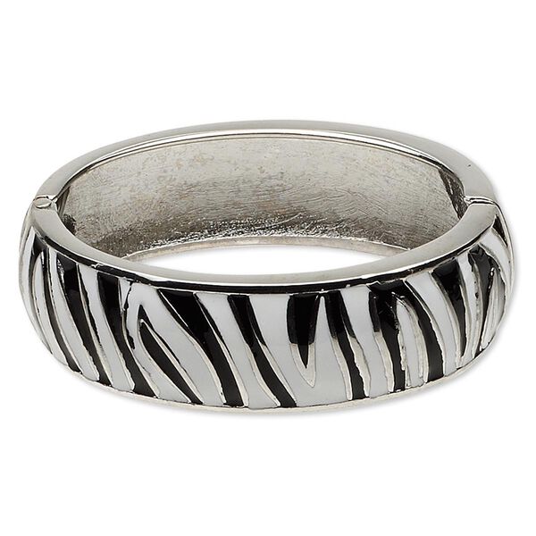 Bracelet, hinged bangle, epoxy and rhodium-finished "pewter" (zinc-based alloy), black and white, 20mm wide with zebra print design, 6 inches. Sold individually. image number 0
