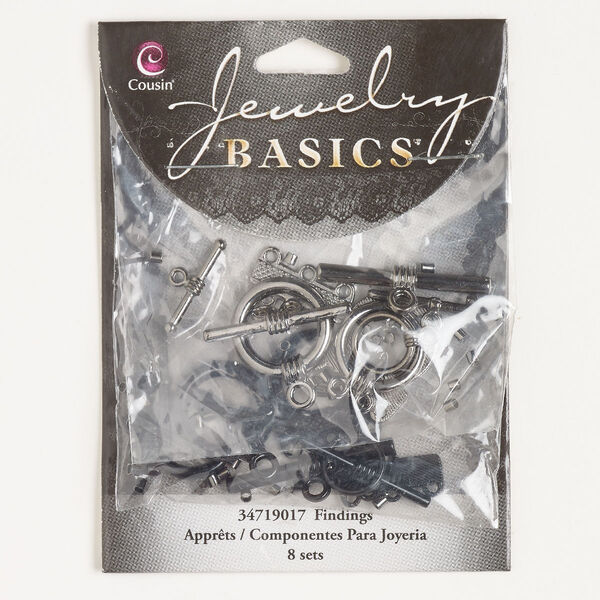 Clasp assortment, mixed-strand toggle, "pewter" (zinc-based alloy) and brass, pkg/8, 11-18mm round, black finish and  gunmetal finish. image number 0