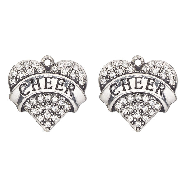 Charm, antique silver-finished "pewter" (zinc-based alloy) and glass, clear, 24x23mm heart with "cheer". Sold per pkg of 2. image number 0