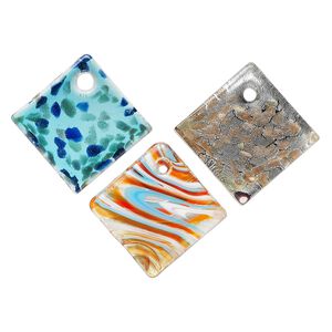 Random focal mix, lampworked glass, translucent mixed colors, 47x34mm-50x38mm flat diamond with copper-colored glitter and silver-colored foil. Sold per pkg of 3.