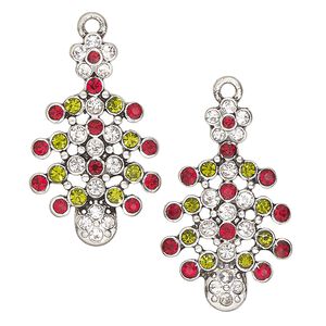 Focal, antique silver-finished "pewter" (zinc-based alloy) and glass, red / green / clear, 30x19mm Christmas tree. Sold per pkg of 2.