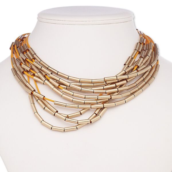 Necklace, multi-strand, waxed cotton cord / brass-coated plastic / brass-plated steel / brass, orange, tubes, 16 inches with 2-inch extender chain and lobster claw clasp. Sold individually. image number 0