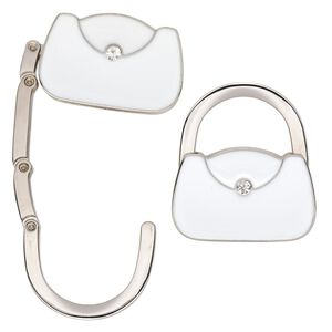 Purse hanger, epoxy / glass / nickel-plated "pewter" (zinc-based alloy), white and clear, 48x43mm foldable purse. Sold individually.