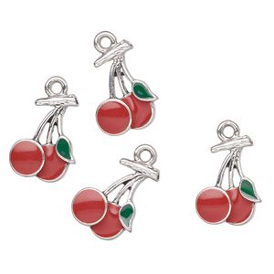 Charm, antique silver-finished enamel "pewter" (zinc-based alloy), red and green, 17x13mm cherries. Sold per pkg of 4.