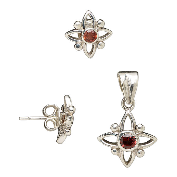 Sterling silver and faceted garnet pendant and earring set, flower pattern, 14mm/12mm. (Natural) Pkg of one-3 piece set. image number 0