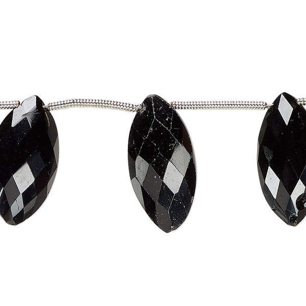 Black spinel 1pkg11, hand-cut top-drilled faceted puffed marquise bead B grade, 18x9mm-23x11mm image number 0