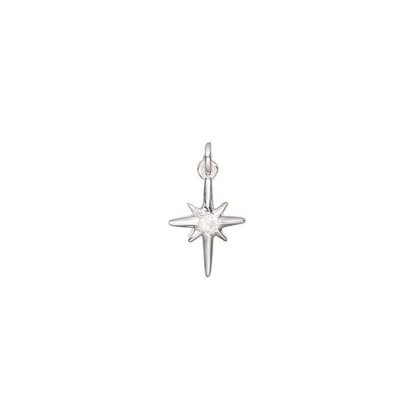 Drop, sterling silver and cubic zirconia, pkg/1, clear, 12x8mm single-sided cross. image number 0