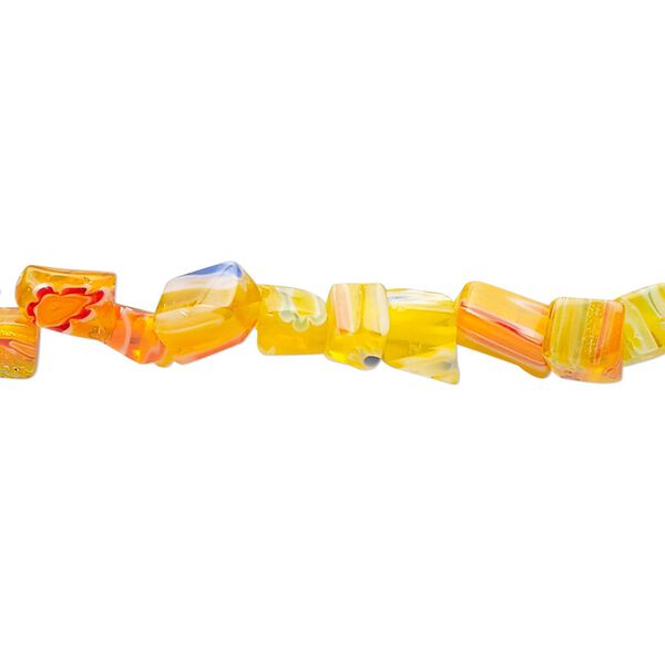 Bead, millefiori glass, translucent orange and multicolored, small chip. Sold per 33-inch strand. image number 0