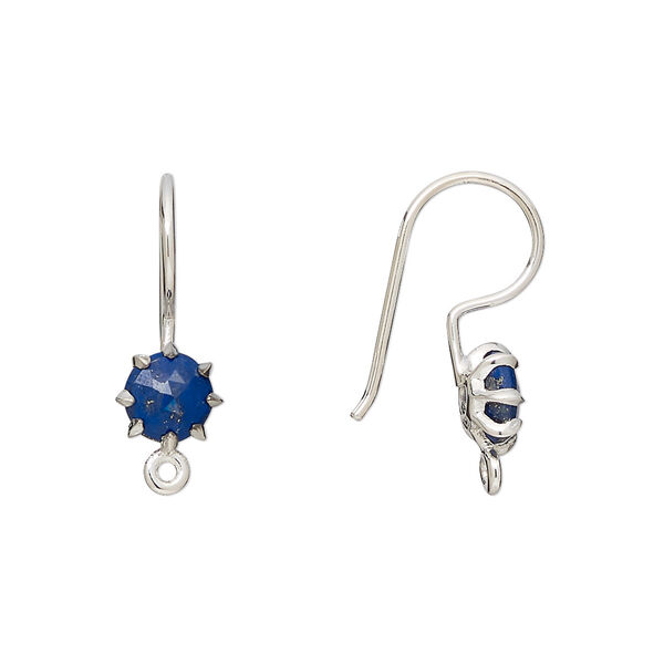 Ear wire, lapis lazuli (natural) and sterling silver, 22mm fishhook with 7.5mm hand-cut faceted round and closed loop, 19 gauge. Sold per pair. image number 0