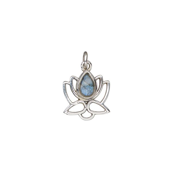 Labradorite / sterling silver 1pkg1, open lotus drop natural antiqued 12x12mm image number 0