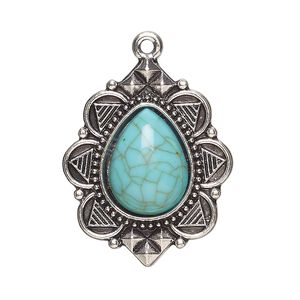 Focal, antique silver-finished "pewter" (zinc-based alloy) and "turquoise" (resin) (imitation), turquoise blue, 31x25mm single-sided teardrop. Sold per pkg of 2.
