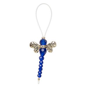 Bead, glass / glass rhinestone / antique gold-finished "pewter" (zinc-based alloy), transparent clear and cobalt, 32x22mm dragonfly. Sold per pkg of 2.