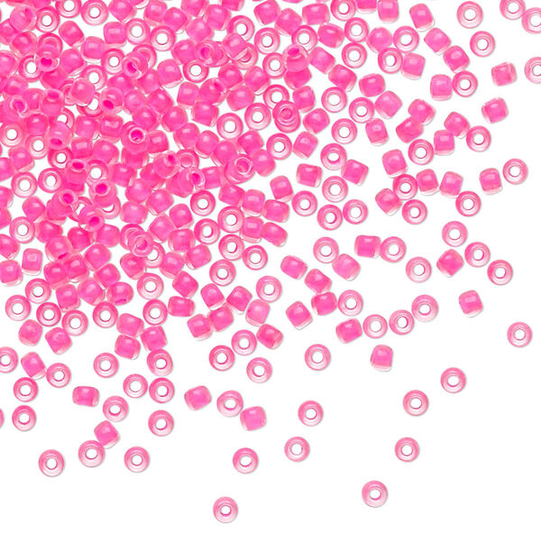 Seed bead, TOHO BEADS®, glass, pkg/7.5g, #11 round, opaque matte neon pink-lined crystal clear (TR-11-971). image number 0