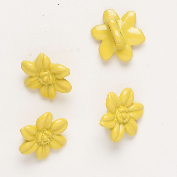 Spacer bar, "pewter" (zinc-based alloy) and enamel, yellow, 14x12mm 2-strand flower, fits up to 4mm beads. Sold per pkg of 4. image number 0