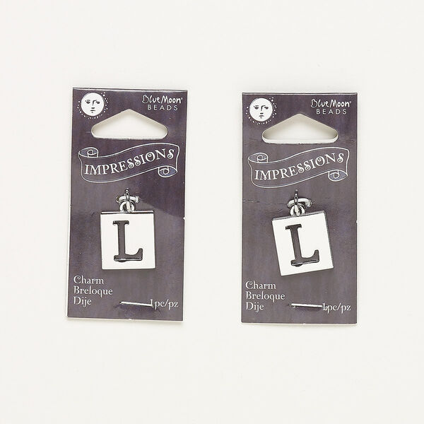 Drop, silver-finished "pewter" (zinc-based alloy) and steel, 16x15mm flat square with cutout alphabet letter "L." Sold per pkg of 2. image number 0