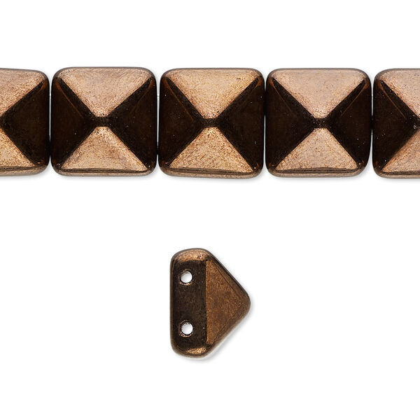 Spacer, Preciosa, Czech pressed glass, opaque antique bronze gold, 11x11x7.5mm 2-strand pyramid, fits up to 5.5mm bead. Sold per 8-inch strand, approximately 15 spacers. image number 0