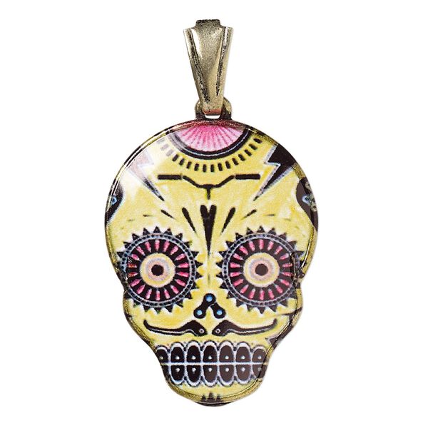 Pendant, resin and gold-finished brass, multicolored, 30x22mm Dia de los Muertos skull with open bail. Sold individually. image number 0