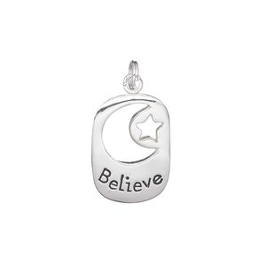 Charm, sterling silver, 19x13mm single-sided rectangle with cutout moon and star with "Believe." Sold individually.