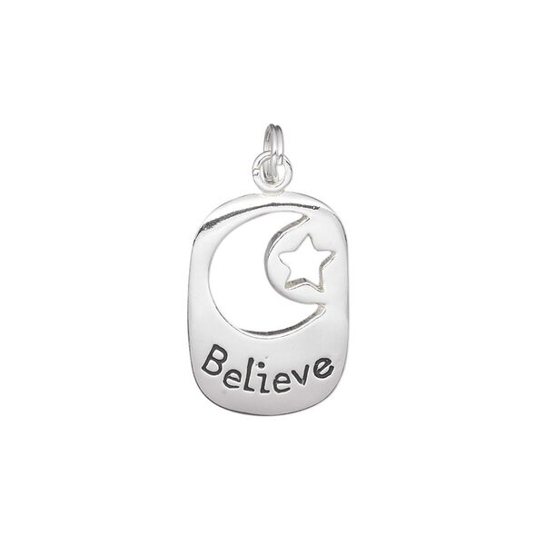 Charm, sterling silver, 19x13mm single-sided rectangle with cutout moon and star with "Believe." Sold individually. image number 0