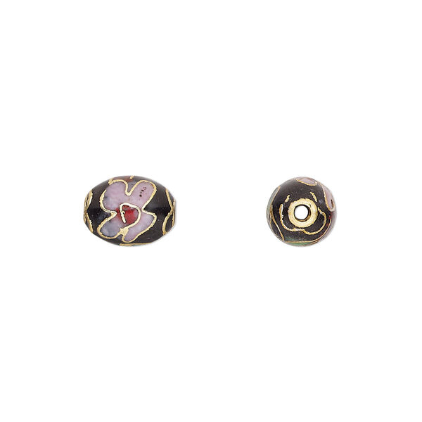 Bead, cloisonné, enamel and gold-finished copper, black / pink / red, 9x7mm oval with flower design. Sold per pkg of 10. image number 0
