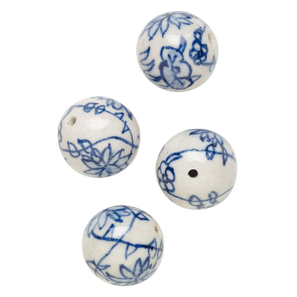Bead, porcelain, blue and white, 19-20mm round with flower design. Sold per pkg of 4. image number 0