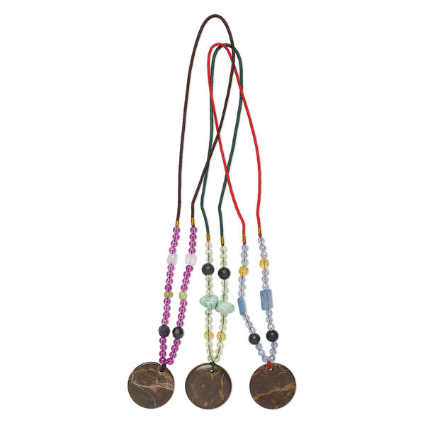 Necklace mix, portoro marble / multi-gemstone (natural / dyed) / nylon / acrylic / glass, multicolored, 37-38mm round, 20- to 24-inch continuous loop. Sold per pkg of 3. image number 0