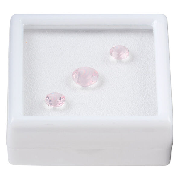 Gem, rose quartz (natural), two 6mm and one 8mm faceted round, A grade, Mohs hardness 7. Sold per pkg of 3. image number 0