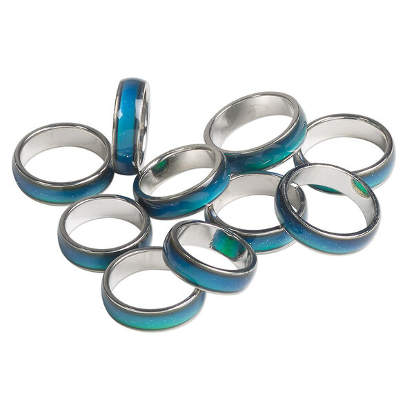 Ring mix, imitation rhodium-plated "pewter" (zinc-based alloy) and acrylic, multicolored, 6mm color changing "mood" ring, sizes 6 to 9. Sold per pkg of 10. image number 0