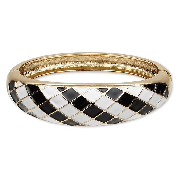 Bracelet, hinged bangle, epoxy and gold-finished "pewter" (zinc-based alloy), black and white, 20mm wide with diagonal diamond design, 6 inches. Sold individually. image number 0