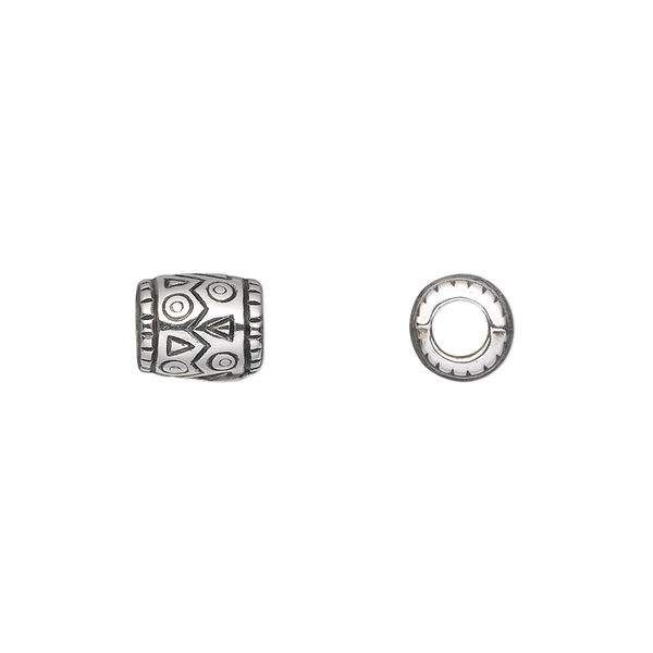 Bead, antiqued silver-finished copper-coated plastic, 9x7mm fancy drum. Sold per 50-gram pkg, approximately 200 beads. image number 0