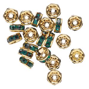 Bead, gold-finished aluminum and glass, green, 8x4mm rondelle. Sold per pkg of 20.