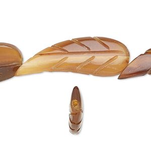 Bead, horn (dyed / waxed), golden, 33x13mm hand-cut double-sided carved leaf. Sold per 15-1/2" to 16" strand.